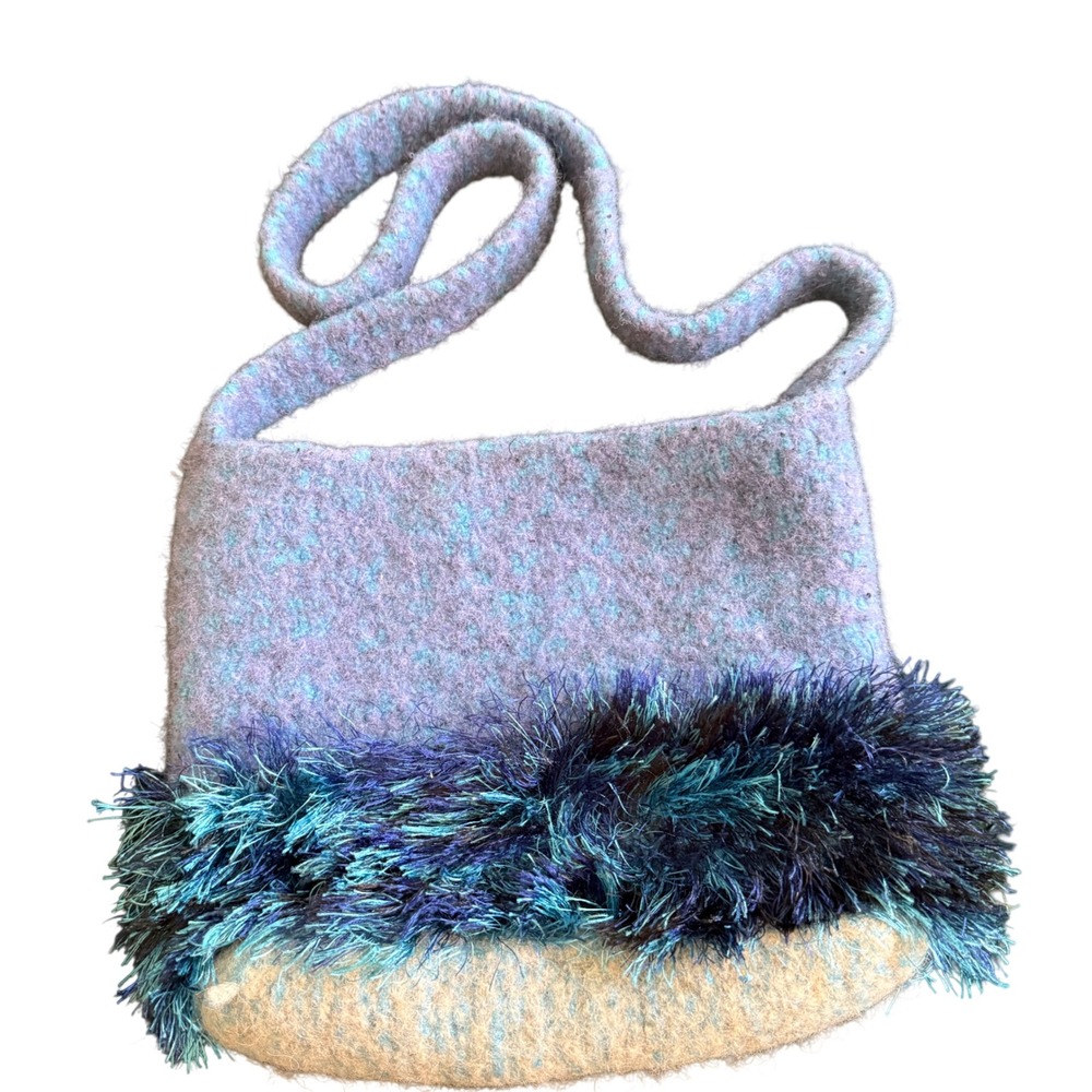 Handmade BoHo Felted Boiled Wool Shoulder Bag Blue Teal Faux Fur Trim